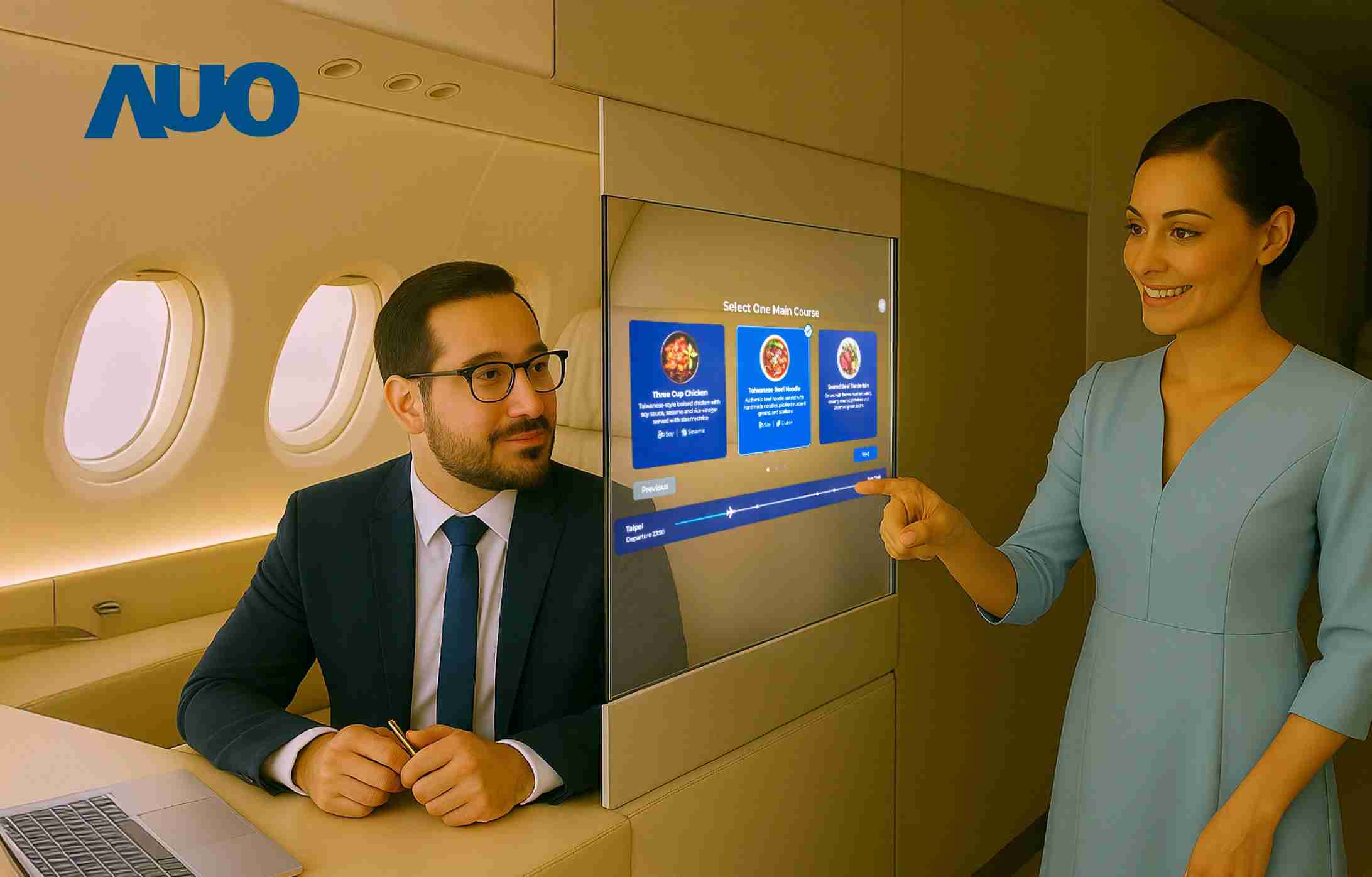 尊龙集团研发全球最薄17.3 吋双面透明 Micro LED 显示器，，，，可在同一屏幕之双边投射不同信息，，，，创造独特的”透明化”互动；图为实时翻译交流应用情境